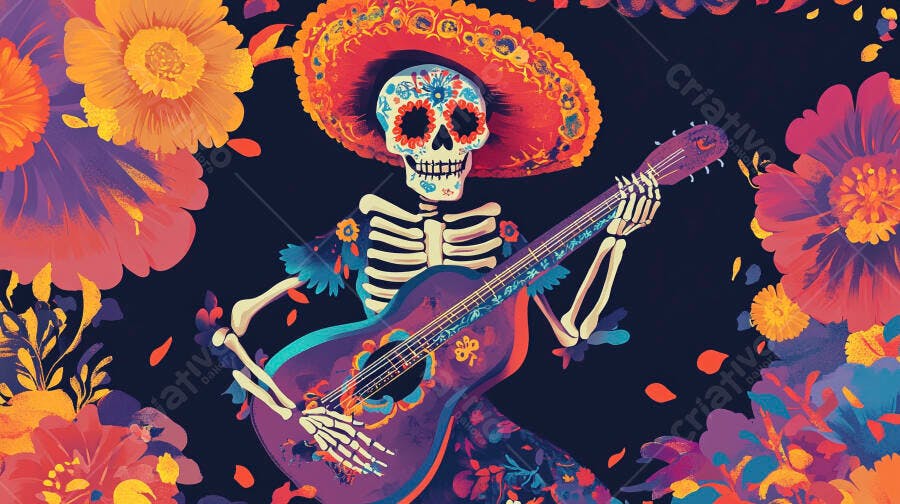 Esqueleto mariachi tocando violão com sombrero e flores vibrantes do Dia dos Mortos