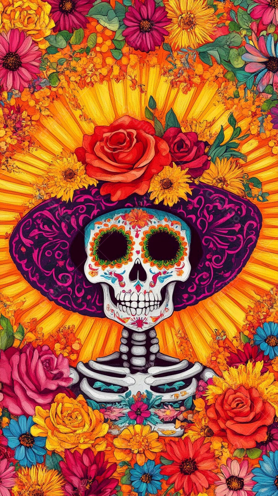 Calavera mexicana colorida com chapéu e flores vibrantes Dia de los Muertos