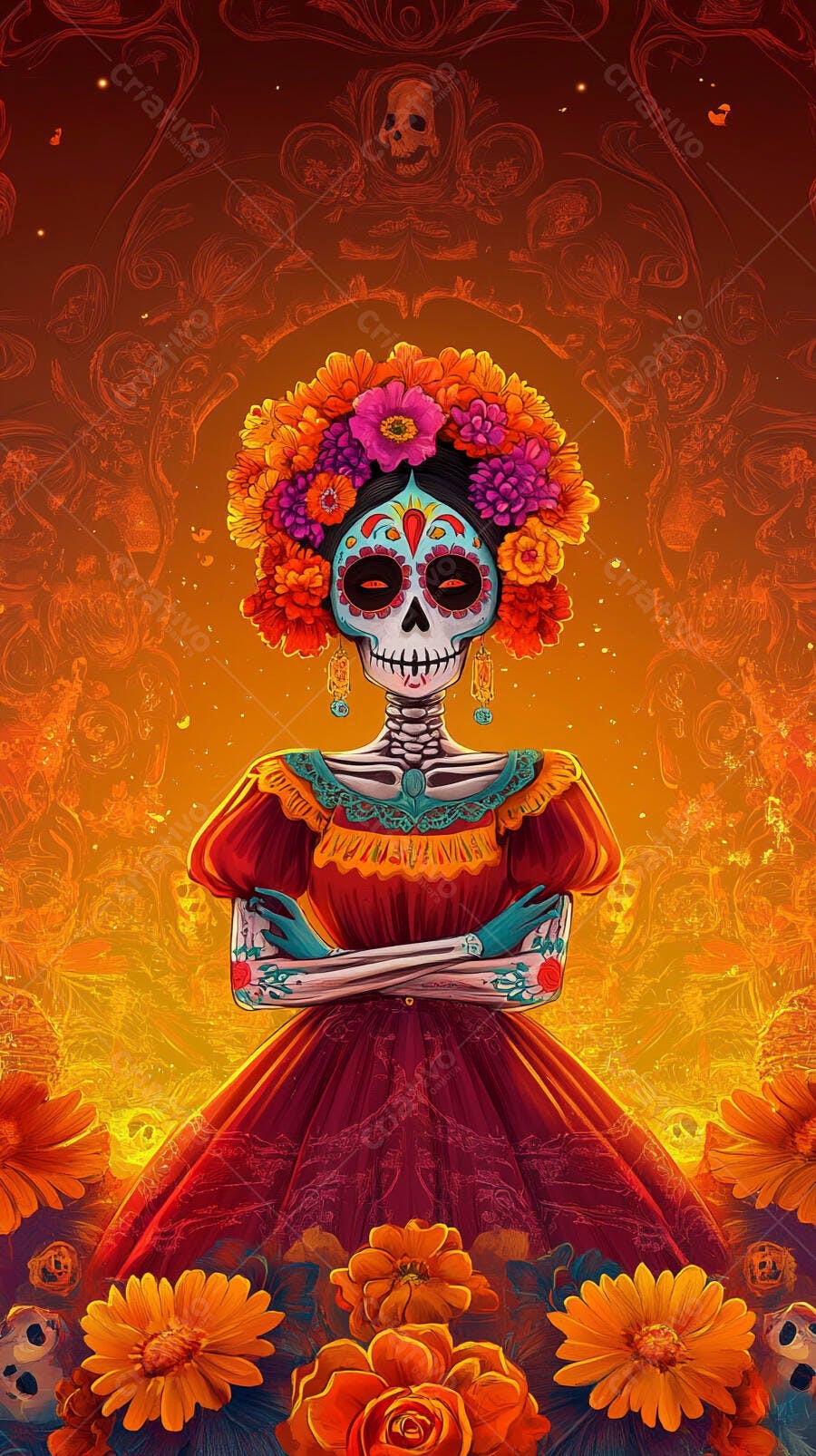 Catrina mexicana vibrante com coroa de flores coloridas para o Dia de Muertos