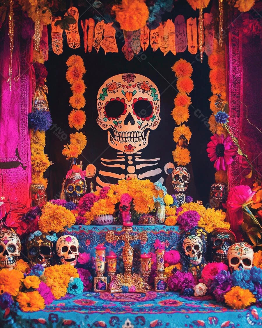 Altar de Dia de los Muertos com caveiras de açúcar e flores vibrantes