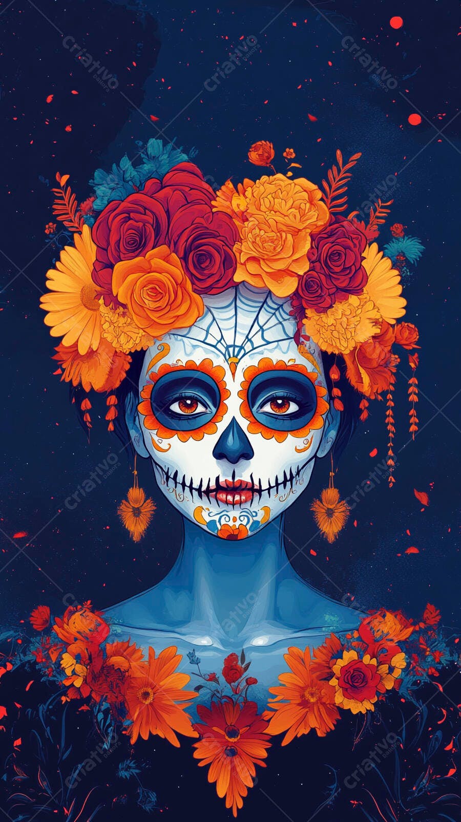 Calavera feminina maquiagem artística flores coloridas no cabelo para Dia dos Mortos