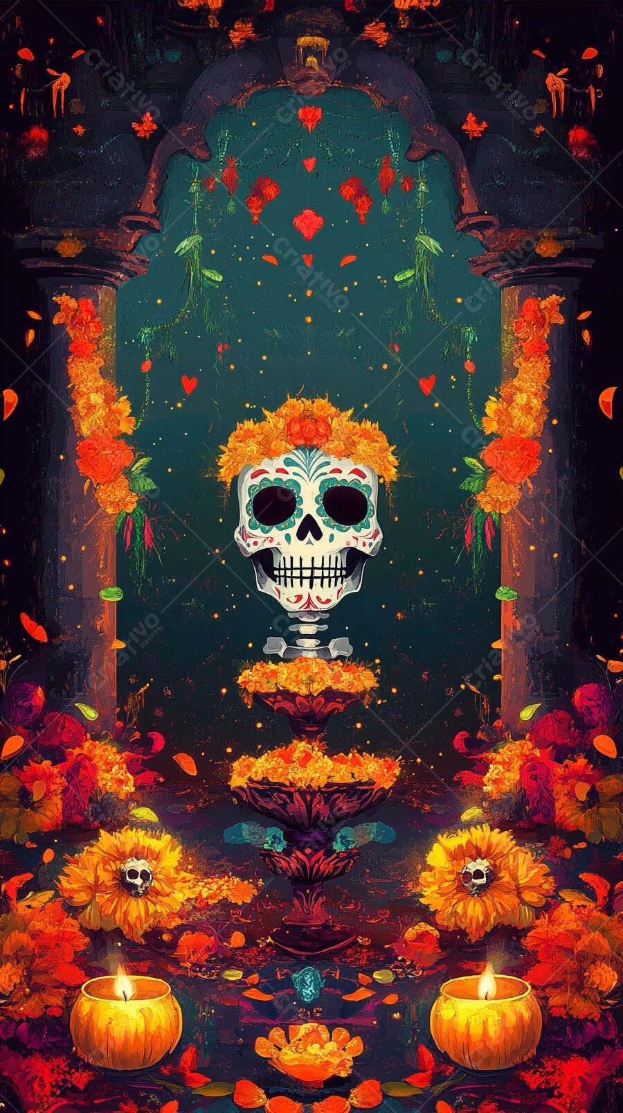 Calavera mexicana decorada com flores vibrantes e velas acesas no Dia de Muertos