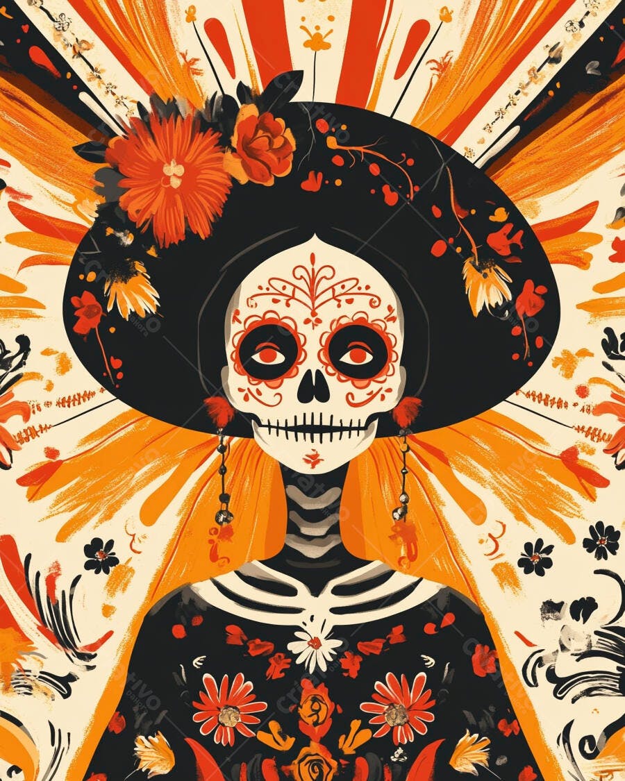 Mulher calavera Catrina com chapéu de flores e maquiagem de caveira mexicana para Dia dos Mortos