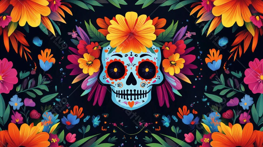 Calavera de açúcar azul com flores vibrantes para Dia de los Muertos