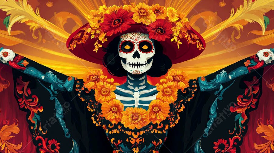 Calavera Catrina colorida com chapéu de flores celebrando o Dia de Muertos