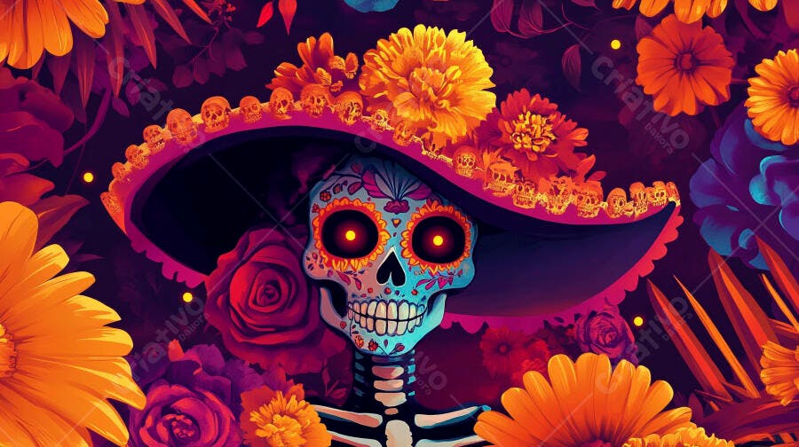 Calavera Catrina colorida com chapéu floral para Dia dos Mortos