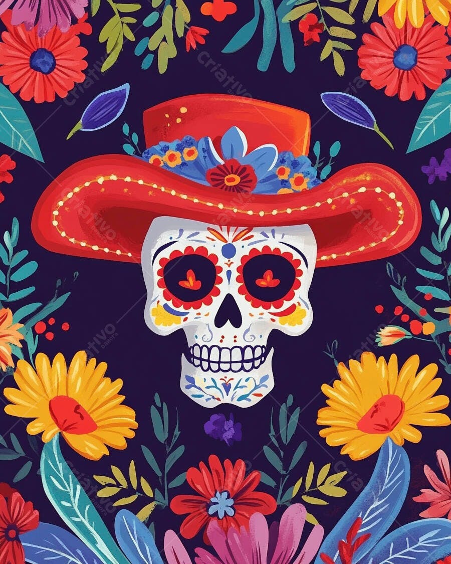 Calavera mexicana com chapéu e flores vibrantes Dia de los Muertos