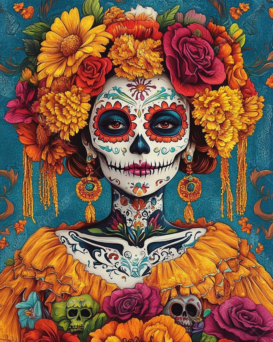 Mulher Catrina com maquiagem de crânio e flores coloridas no Dia dos Mortos