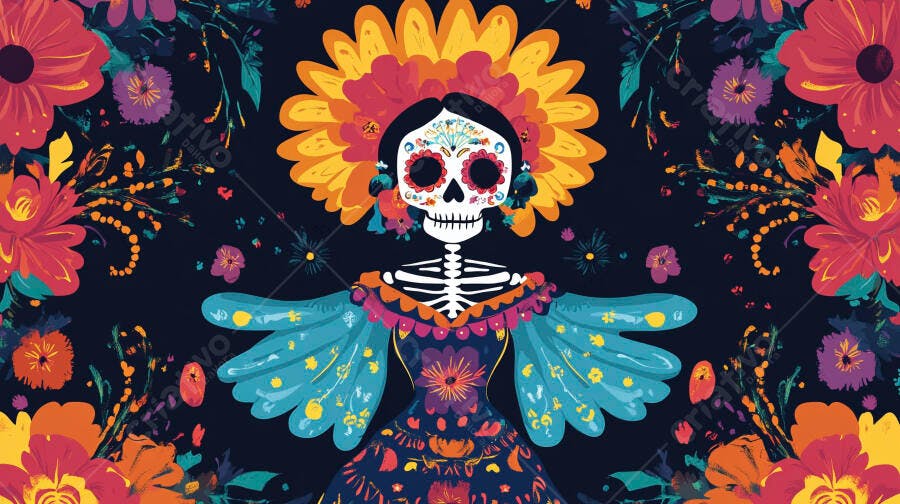 Catrina colorida com flores vibrantes e folhagem em fundo escuro