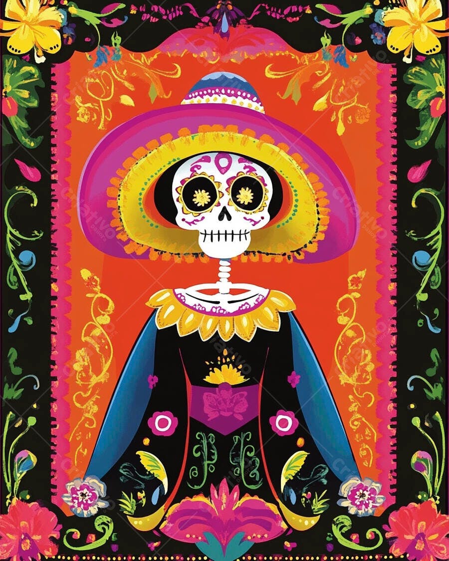 Calavera Catrina colorida com chapéu e vestido floral para Dia dos Mortos