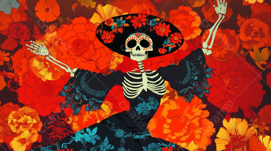 Esqueleto Catrina festiva com sombrero e flores vibrantes do Dia de Muertos