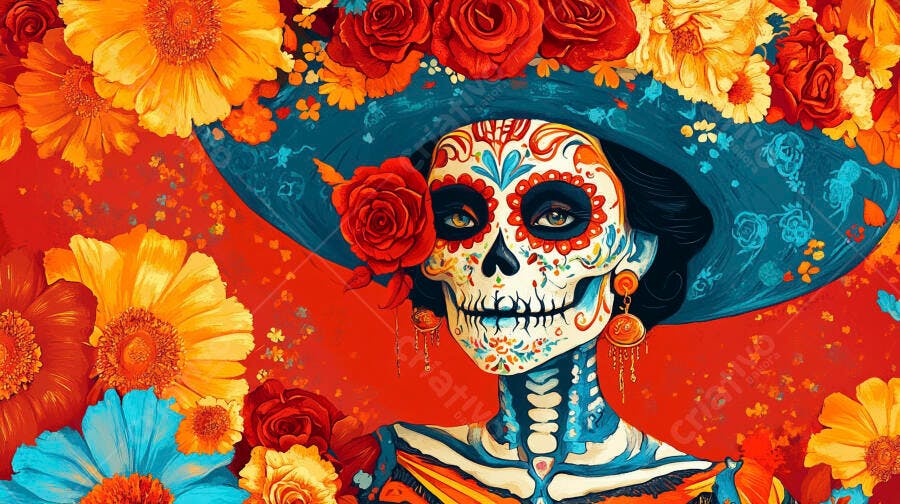 Catrina festiva com chapéu floral colorido para Dia de Muertos