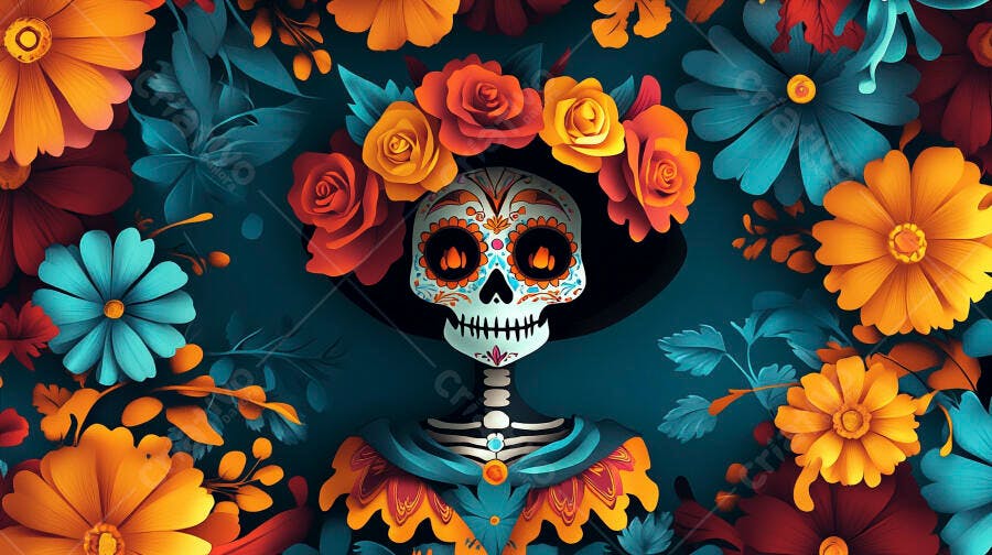 Calavera Catrina colorida com coroa de flores em fundo floral vibrante