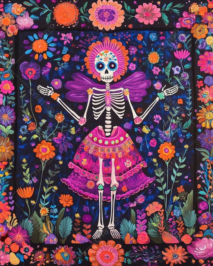 Calavera Catrina colorida em vestido floral para o Dia dos Mortos