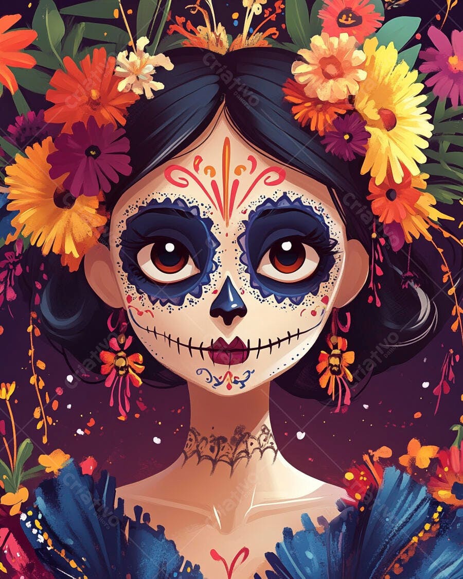 Mulher Calavera Catrina com flores vibrantes para o Dia dos Mortos celebração festiva