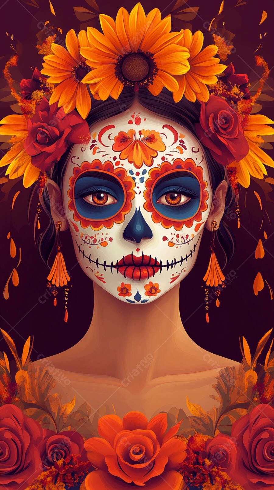 Mulher com maquiagem Calavera Catrina e flores coloridas Dia dos Mortos