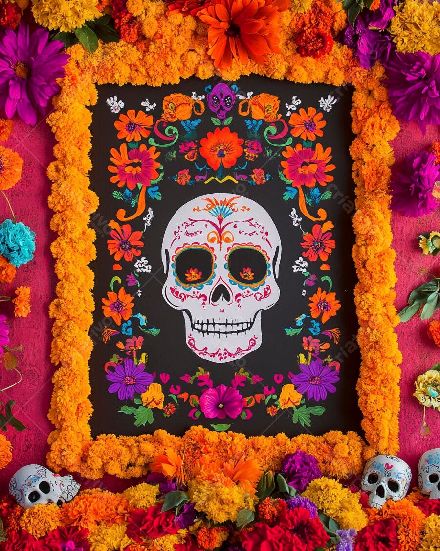 Calavera mexicana branca e laranja para o Dia dos Mortos com flores vibrantes
