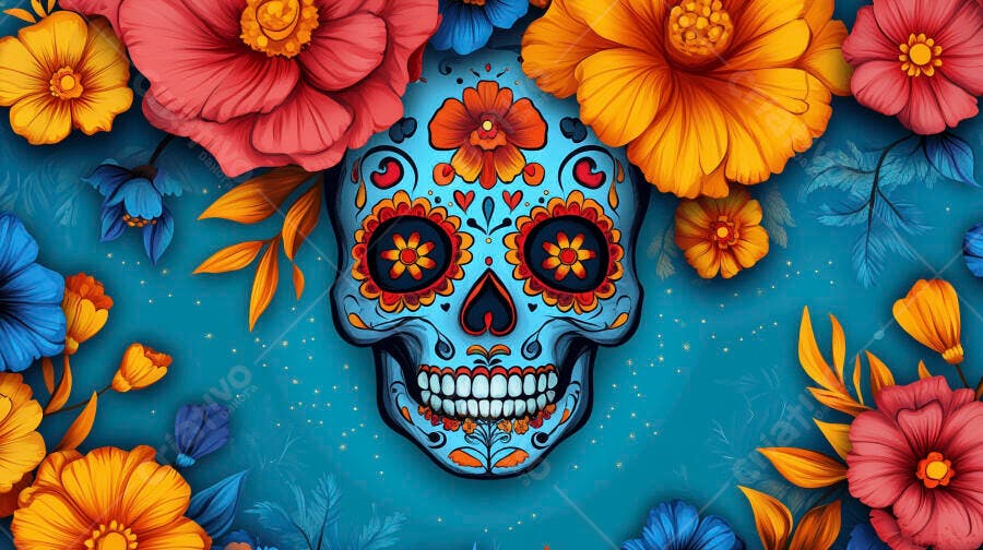 Caveira mexicana decorada com flores vibrantes para Dia dos Mortos