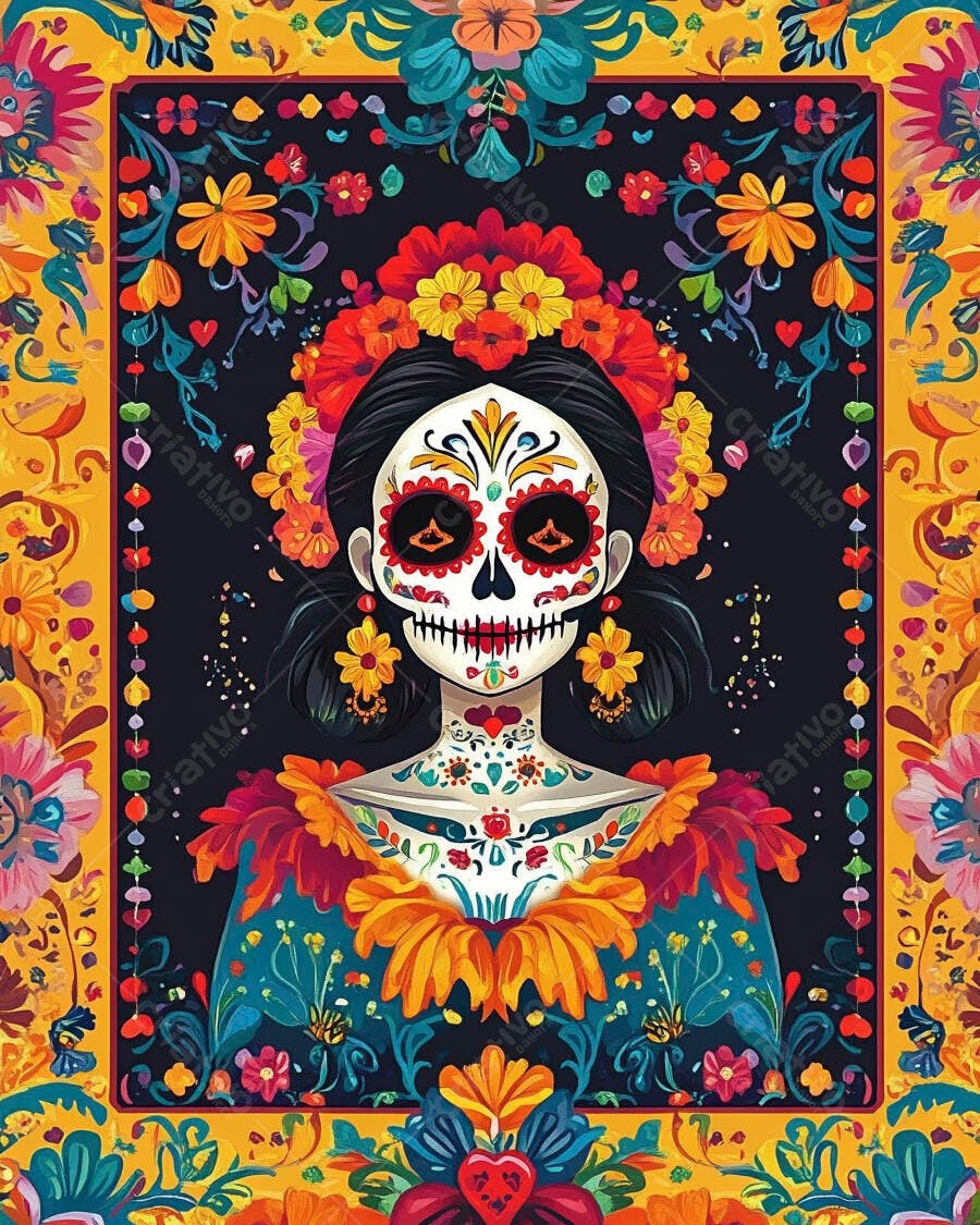 Mulher Catrina estilo ilustração com maquiagem de calavera e coroa floral colorida