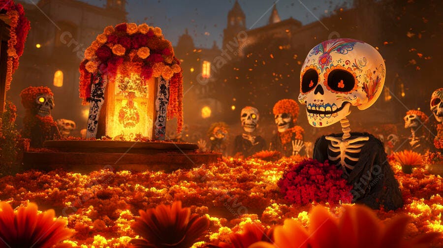 Calaveras mexicanas coloridas no altar de Dia de los Muertos com cempasúchil