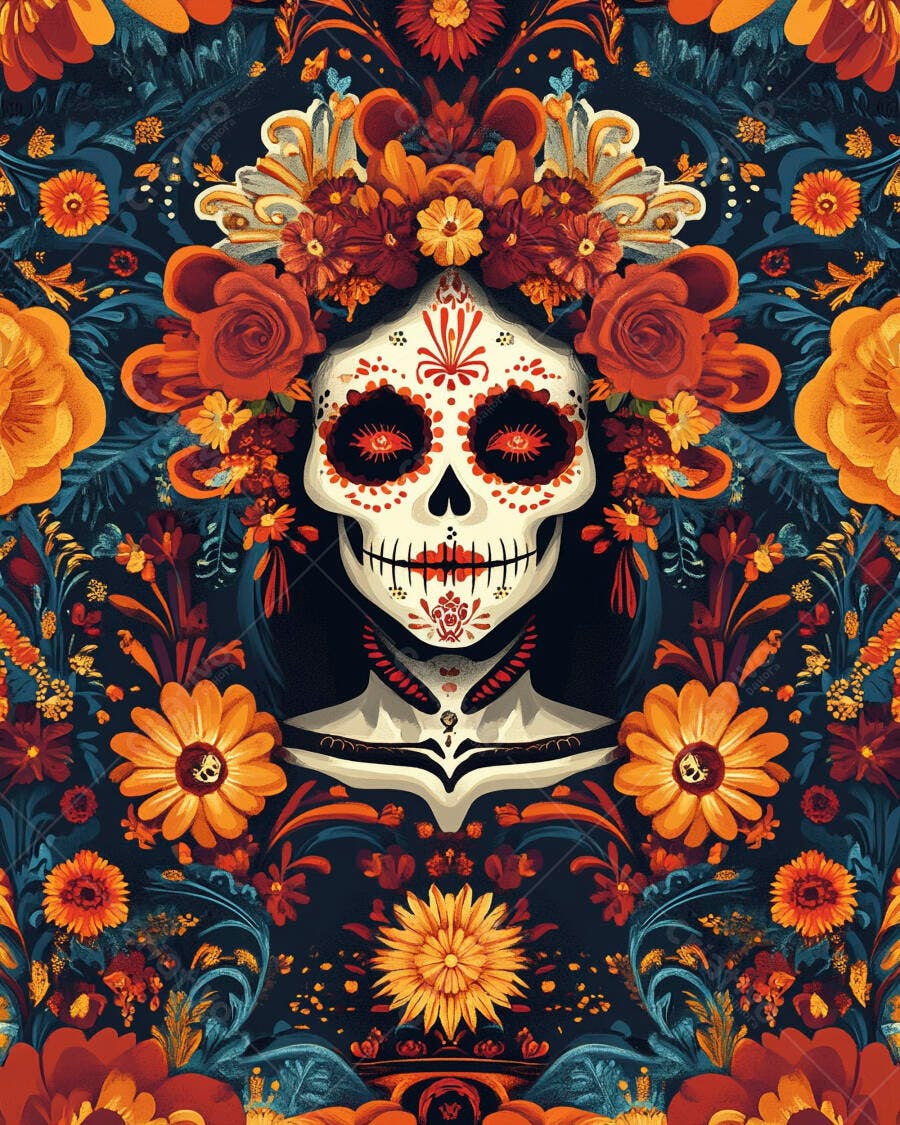 Calavera Catrina colorida com coroa de flores para Dia dos Mortos decoração
