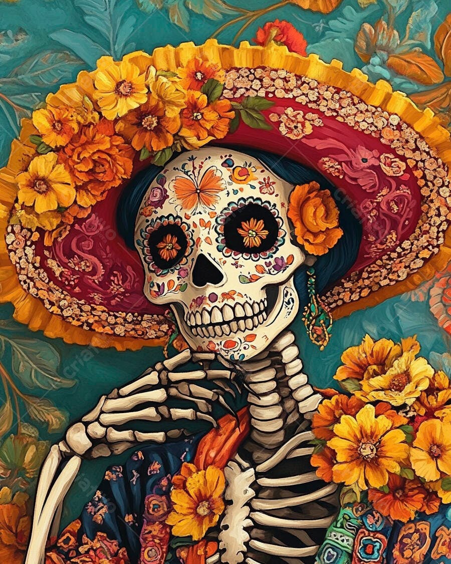 Calavera Catrina colorida com chapéu de flores e maquiagem de caveira mexicana