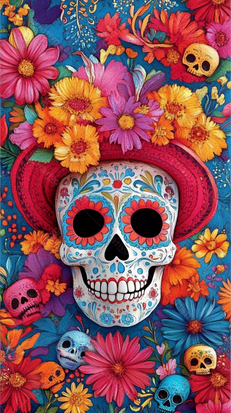 Caveira de açúcar mexicana com sombrero e flores vibrantes Dia de Muertos