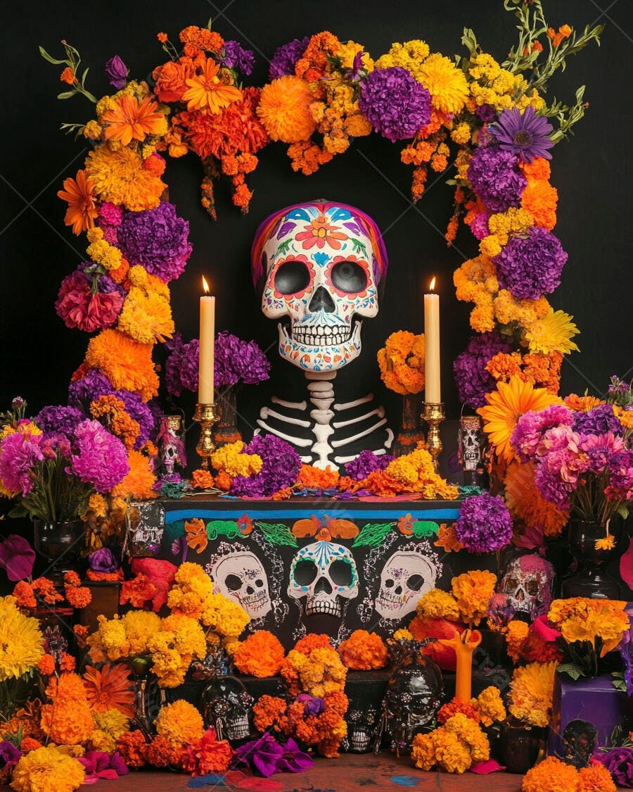 Altar de Dia dos Mortos com calavera mexicana decorada e flores vibrantes