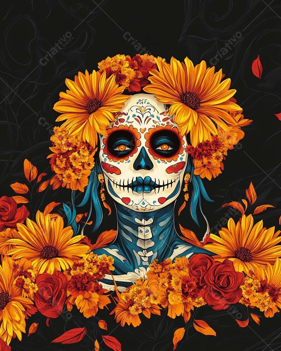 Calavera Catrina colorida com flores de cempasúchil e rosas para Dia dos Mortos