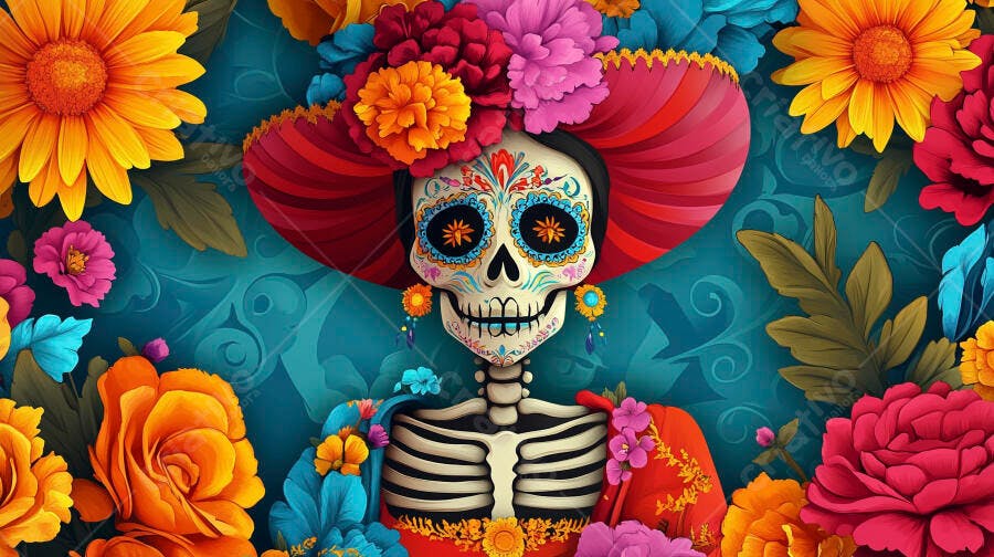 Calavera Catrina chapéu floral vibrante e flores mexicanas
