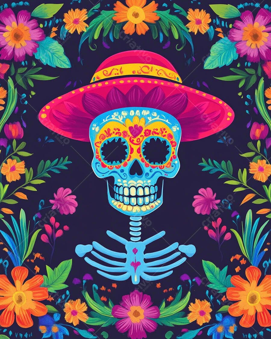Calavera mexicana azul com sombrero rosa vibrante e flores coloridas Dia dos Mortos