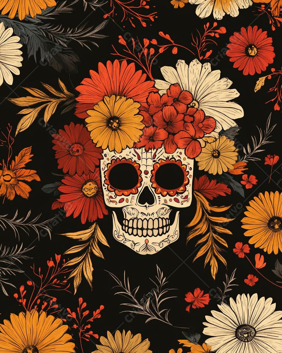 Calavera mexicana decorada com flores coloridas para Dia dos Mortos