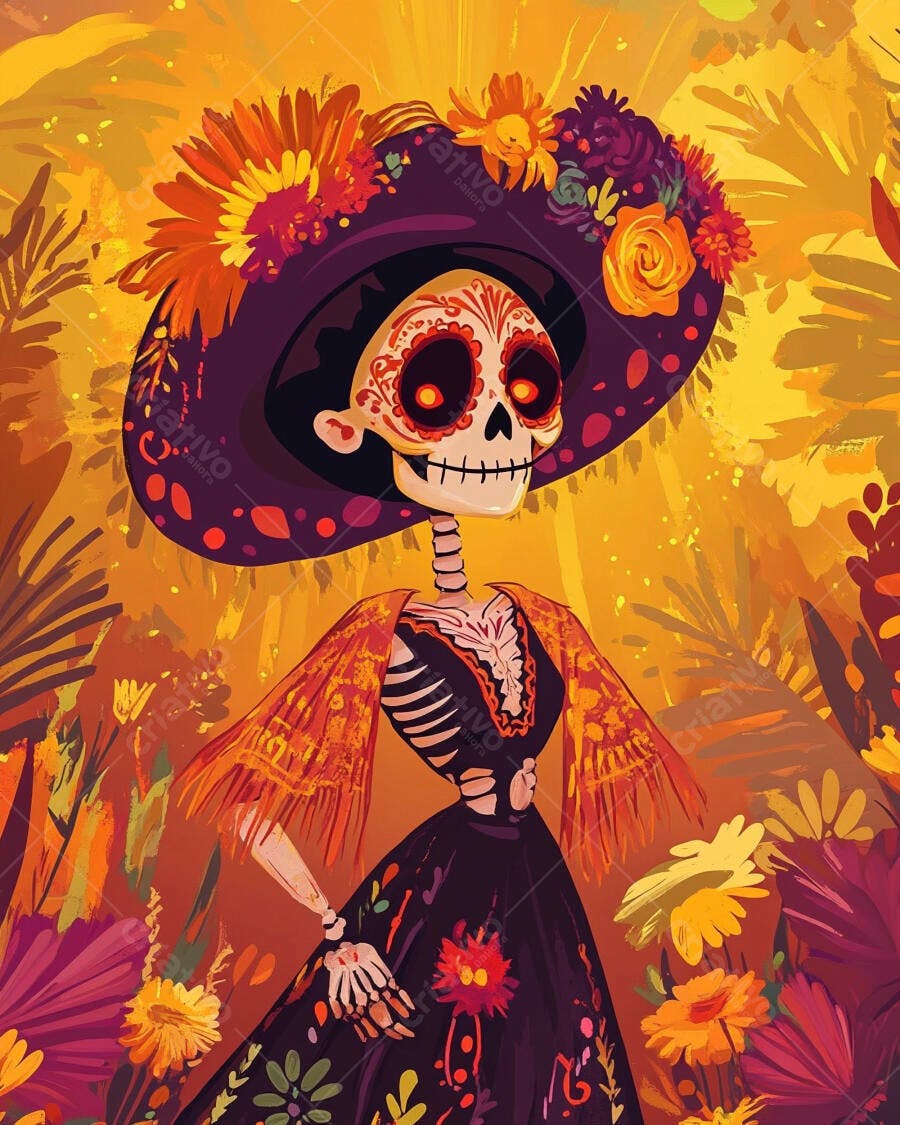 Catrina elegante com chapéu florido e vestido em celebração de Dia dos Mortos