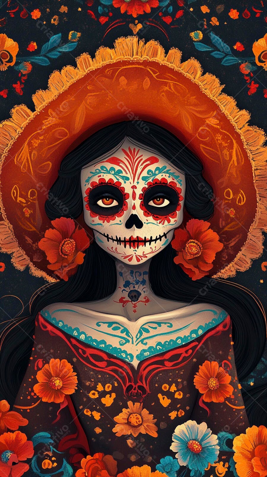Mulher Catrina de rosto pintado com chapéu laranja e maquiagem Dia dos Mortos