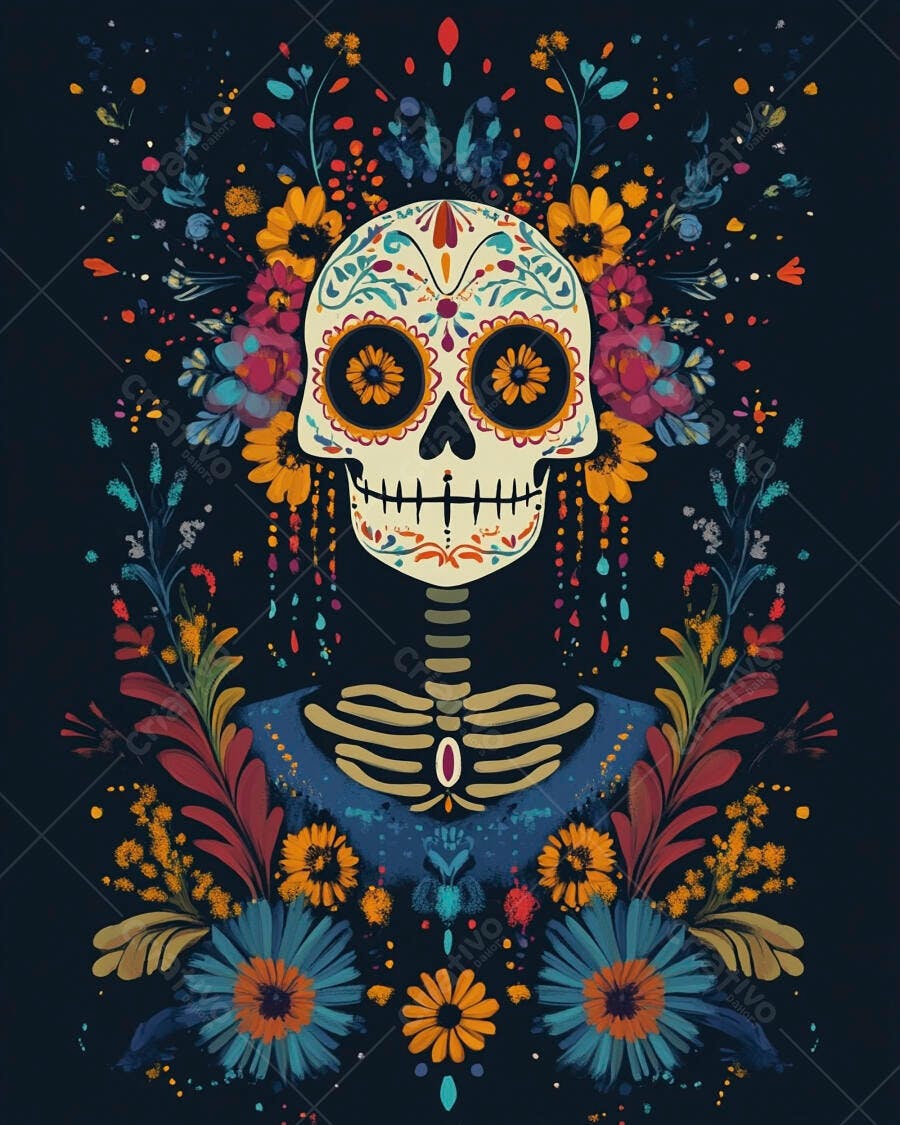 Caveira mexicana decorada com flores vibrantes para o Dia dos Mortos