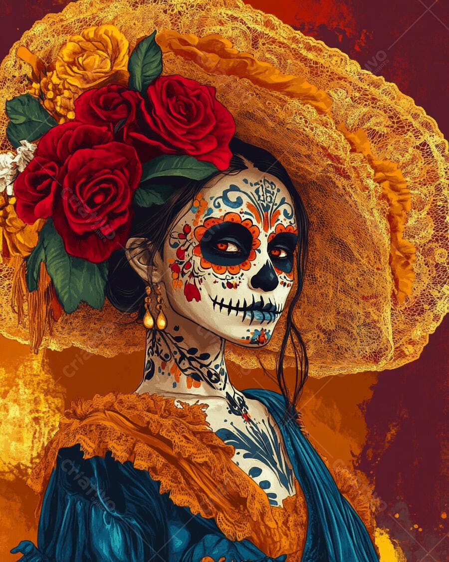 Mulher Catrina maquiagem de caveira mexicana rosas vermelhas chapéu vibrante Dia dos Mortos