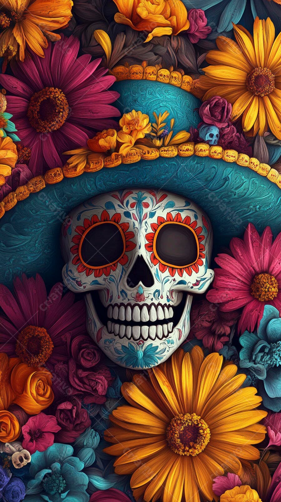 Crânio de açúcar decorado com sombrero e flores vibrantes Dia de los Muertos
