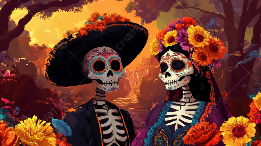Calaveras mexicanas com flores celebrando Dia de los Muertos em floresta dourada