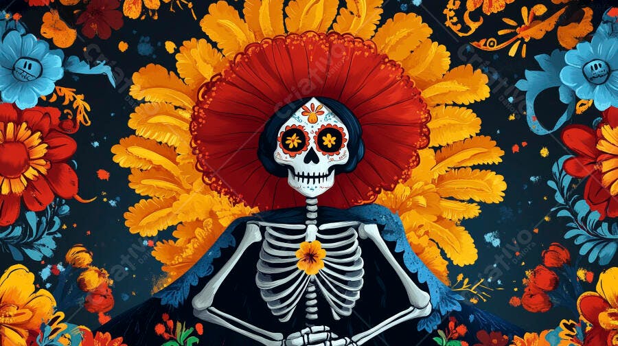 Calavera Catrina vibrante com flores mexicanas e manto azul no Dia de los Muertos
