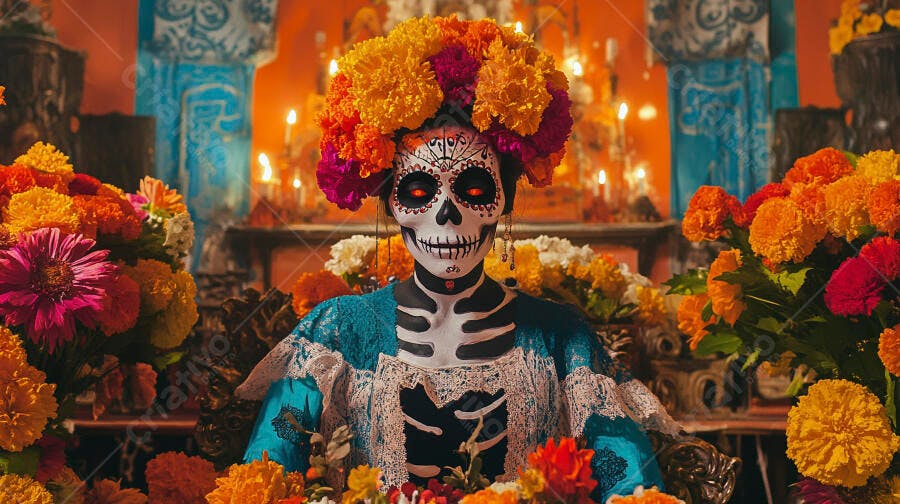 Calavera Catrina com flores laranjas e magenta em altar Dia dos Mortos
