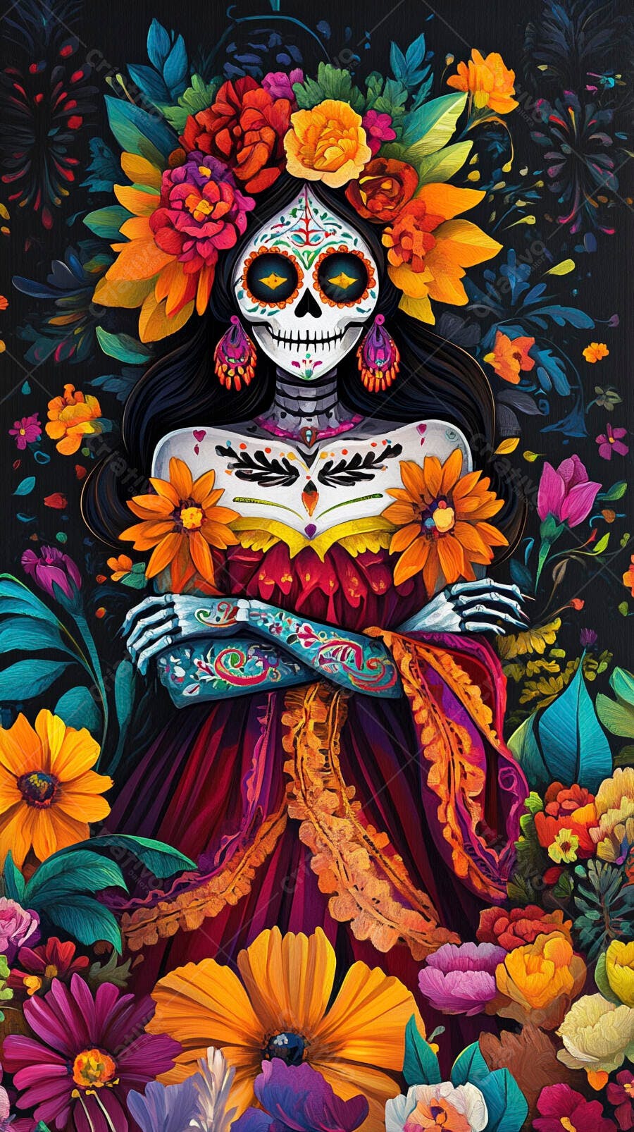 Mulher Catrina mexicana com maquiagem de caveira e flores vibrantes