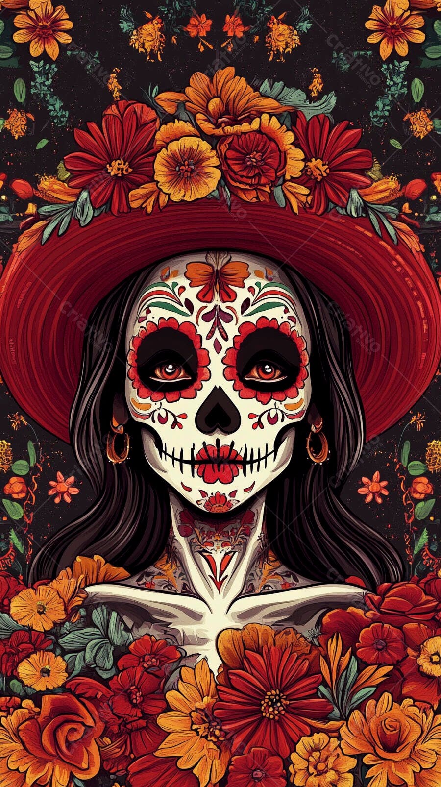 Mulher calavera Catrina com chapéu vermelho floral Dia de los Muertos