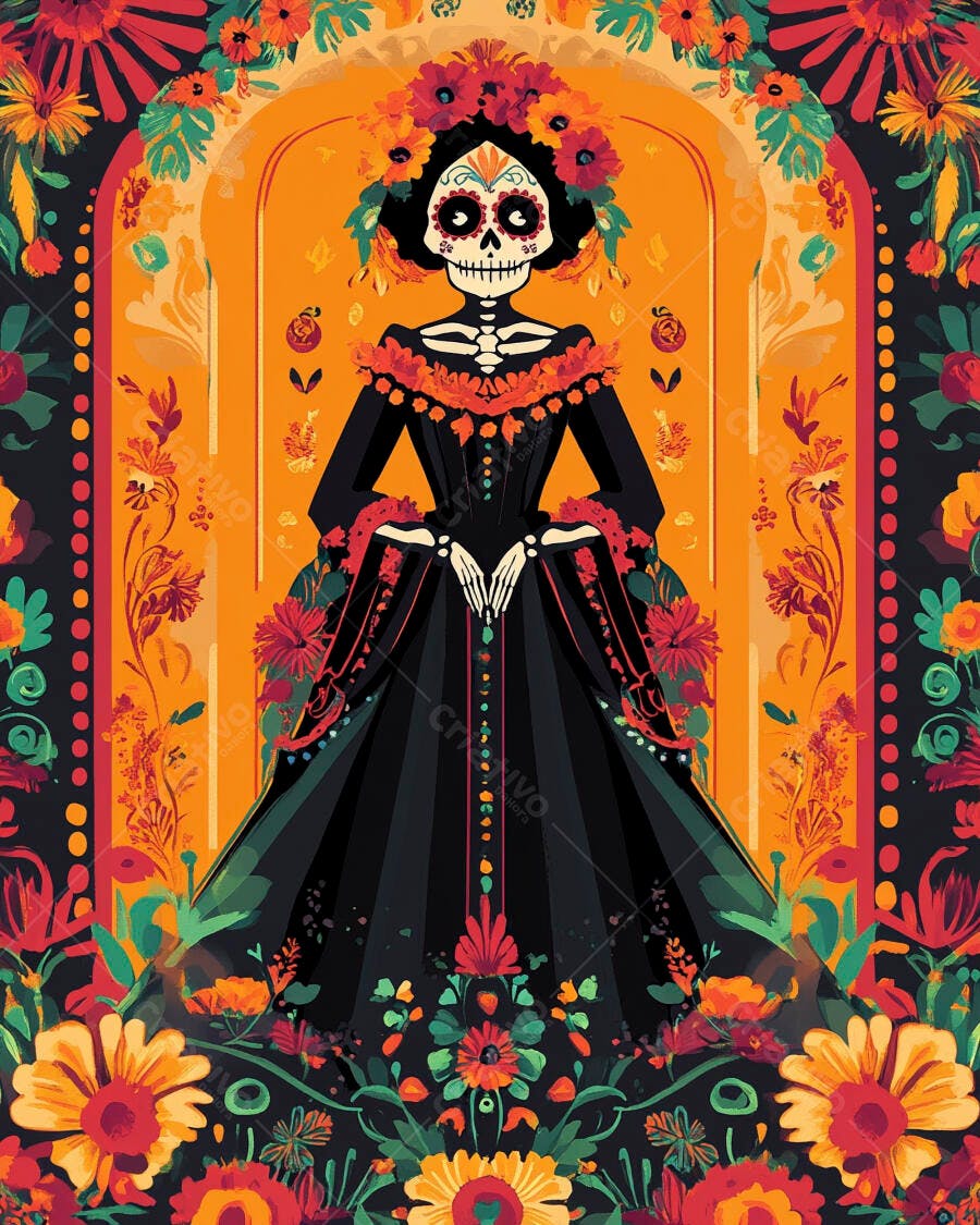 Esqueleto feminino Calavera Catrina vestido preto flores vibrantes arte mexicana
