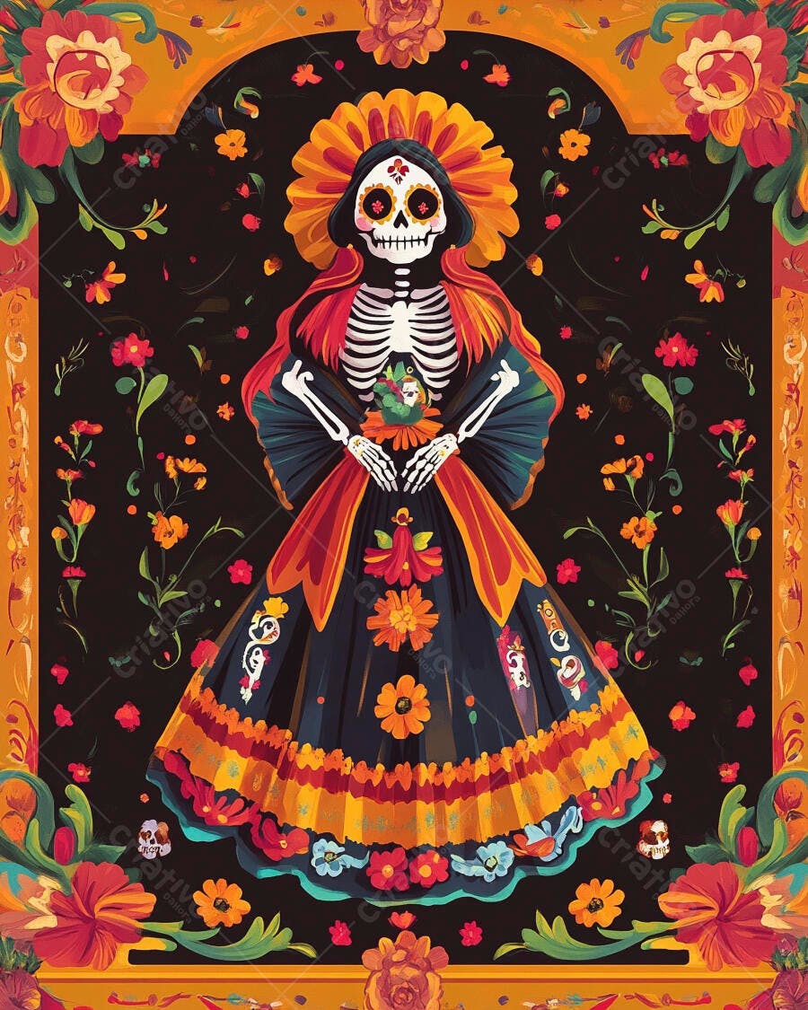 Catrina esqueleto em vestido floral colorido Dia de Muertos