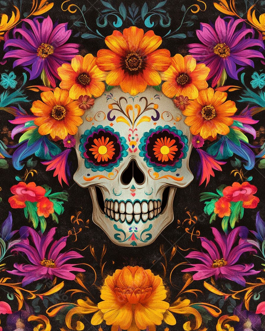 Caveira mexicana colorida com flores vibrantes Dia dos Mortos