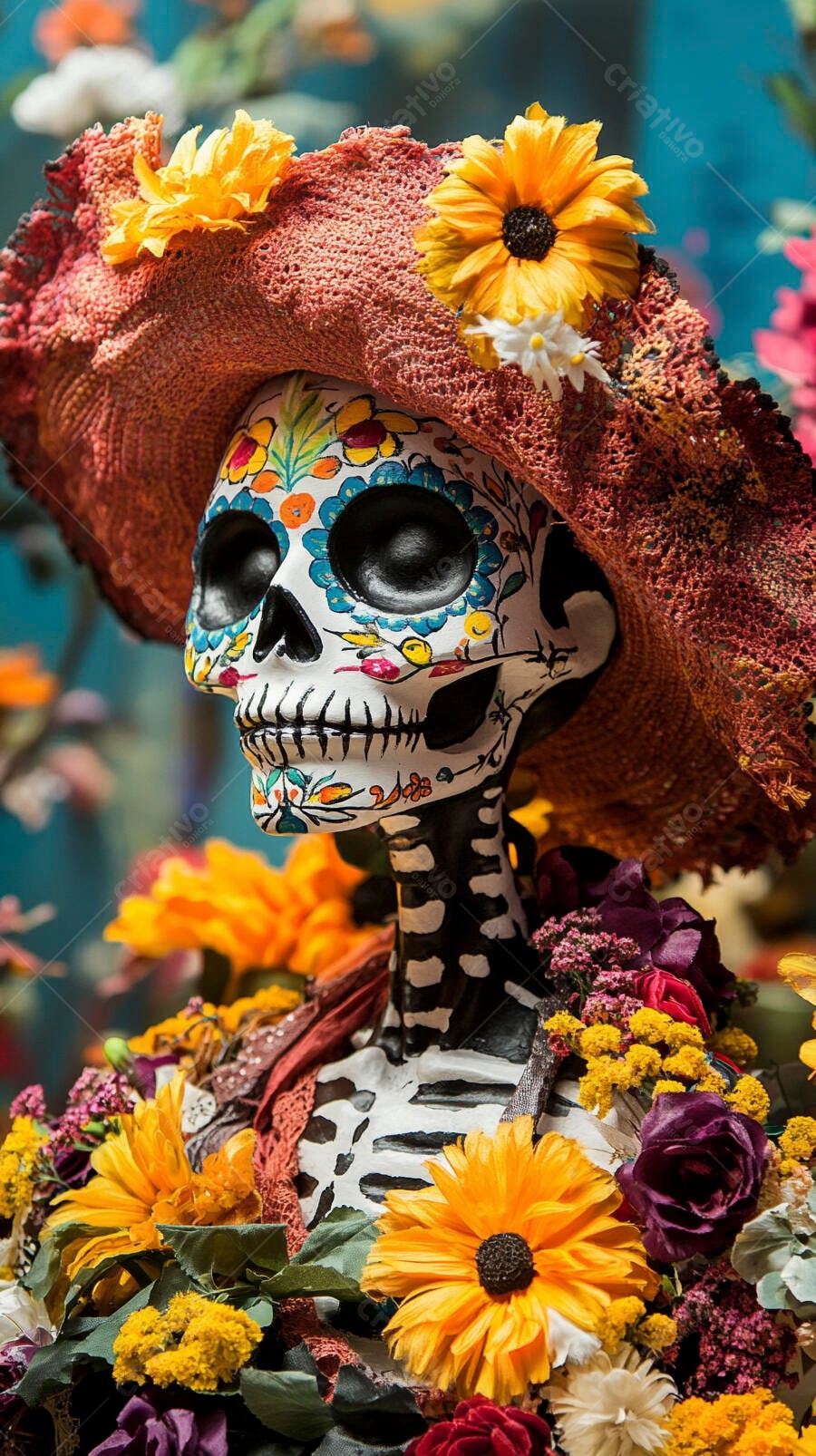 Calavera Catrina decorada com chapéu de palha e flores para o Dia dos Mortos