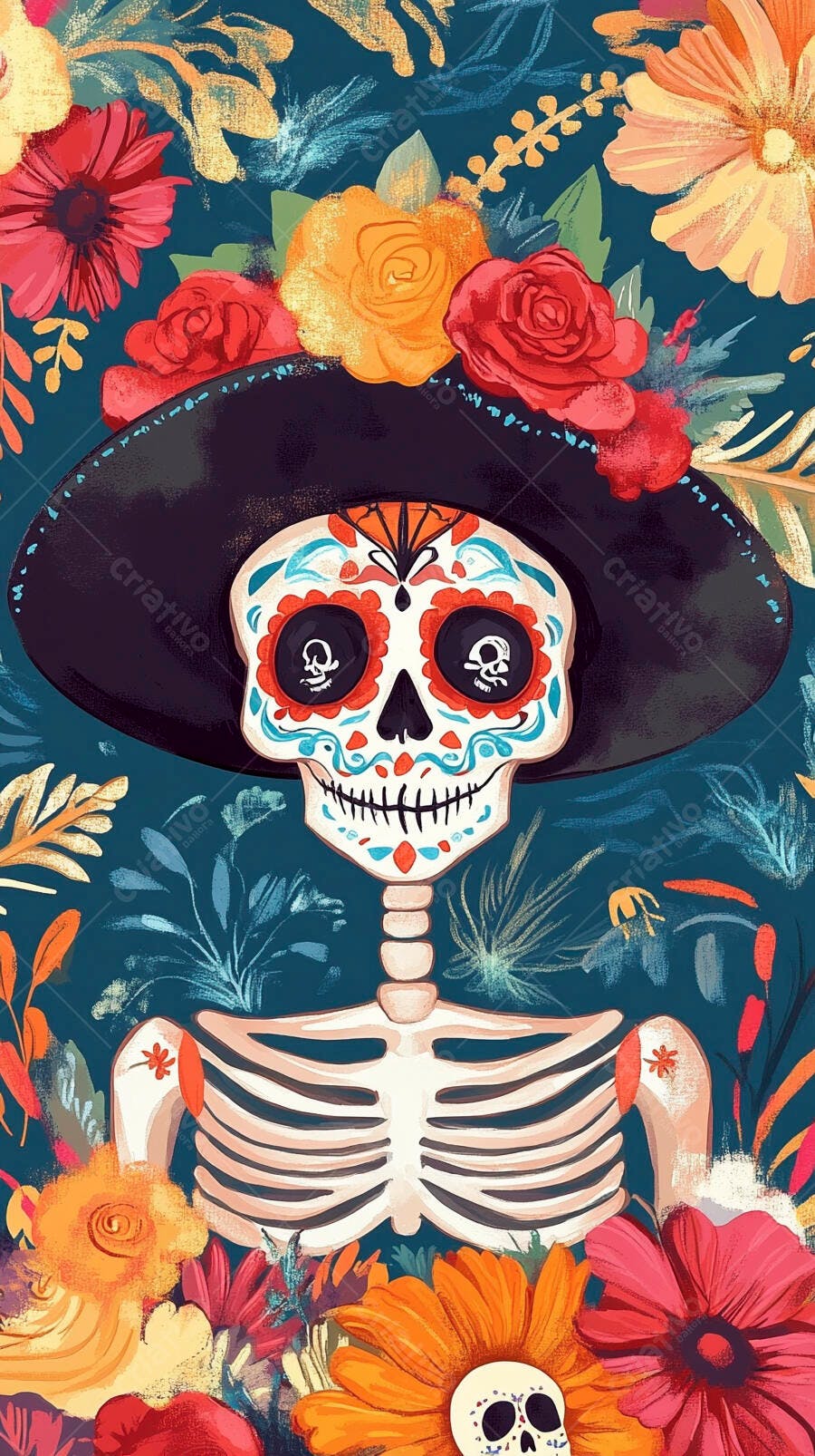Calavera mexicana com sombrero e flores coloridas Dia de los Muertos