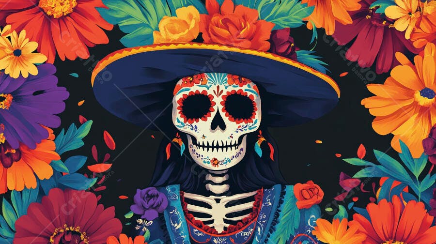Calavera Catrina com chapéu e flores vibrantes celebra Dia de los Muertos