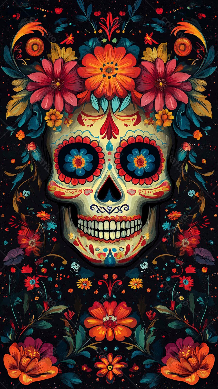 Caveira mexicana decorada com flores vibrantes para Dia de los Muertos