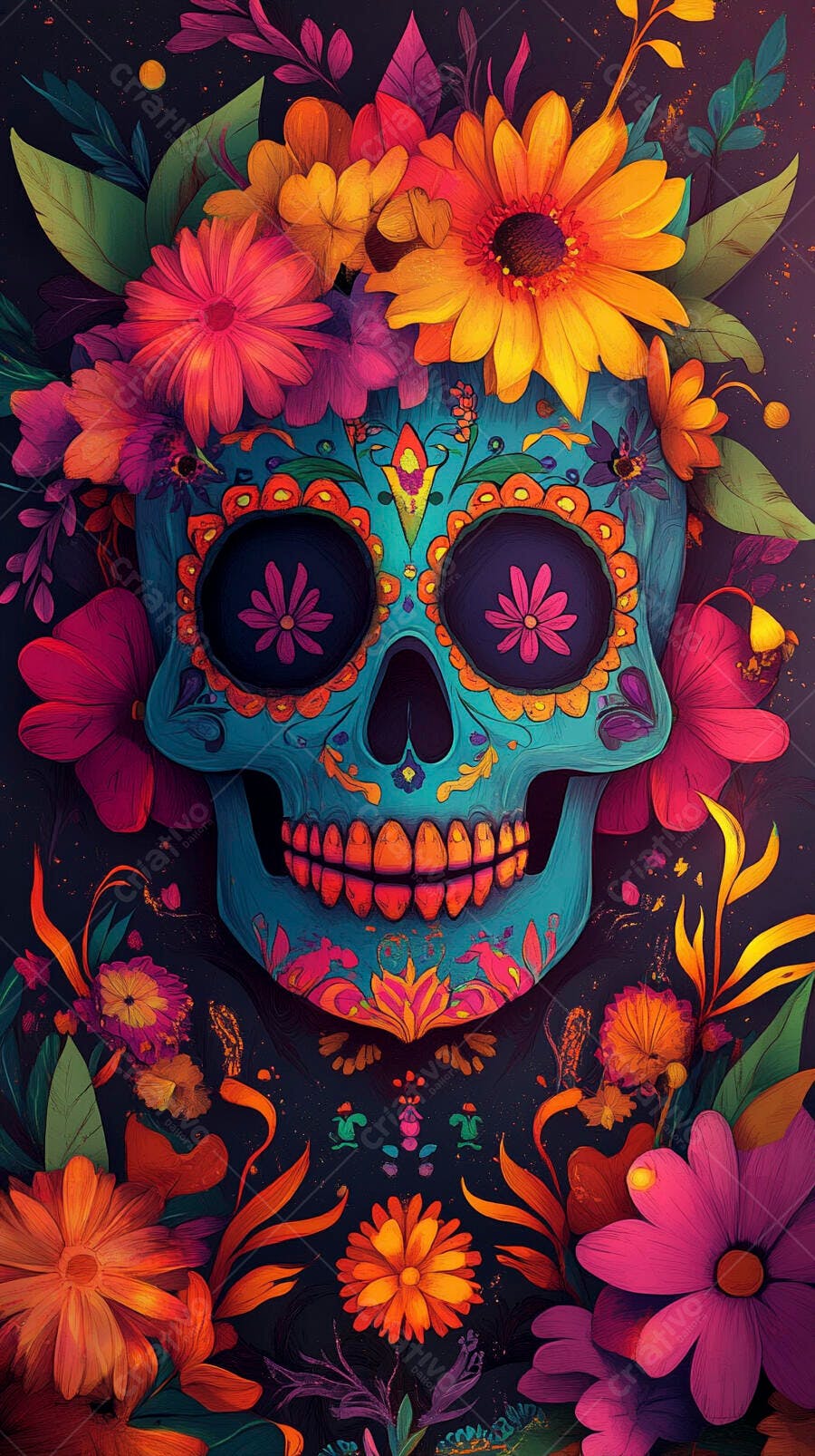 Caveira mexicana colorida com flores vibrantes e padrões intrincados Dia de los Muertos